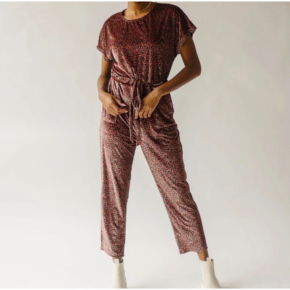 Piper & Scoot Pink Floral Bianca‎ Cinch Ribbed Velvet Jumpsuit Floral Women's 2X